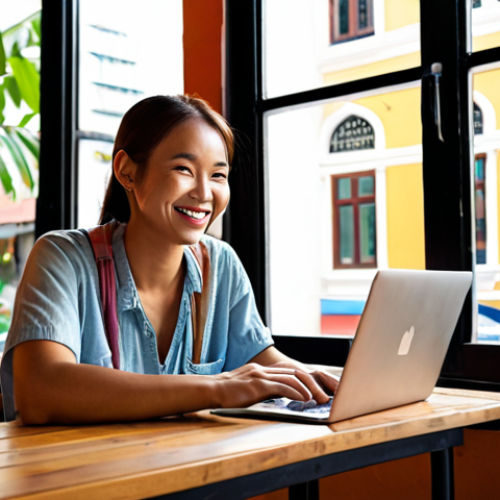 A digital nomad working on a laptop at a cafe in Southeast Asia, with a vibrant street scene visible through the window. The person is smiling and appears relaxed, embodying the freedom of the digital nomad lifestyle. Focus on warm lighting and a sense of adventure.