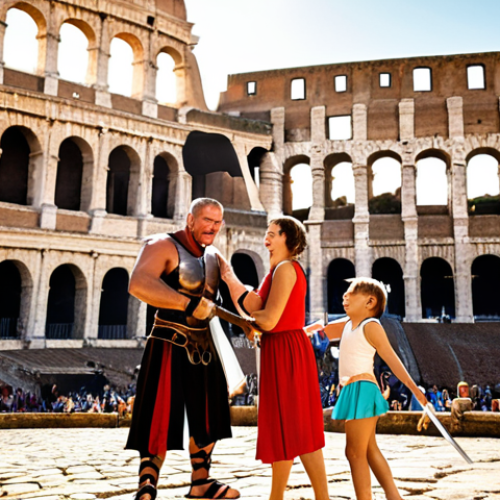 **Image Prompt:** A vibrant, sun-drenched scene of a family (parents and two kids) participating in a gladiator training session in Rome. The kids are laughing as they awkwardly hold swords, while a professional gladiator trainer guides them. In the background, the Colosseum looms majestically. The style should be reminiscent of a travel magazine cover, emphasizing adventure and family fun.