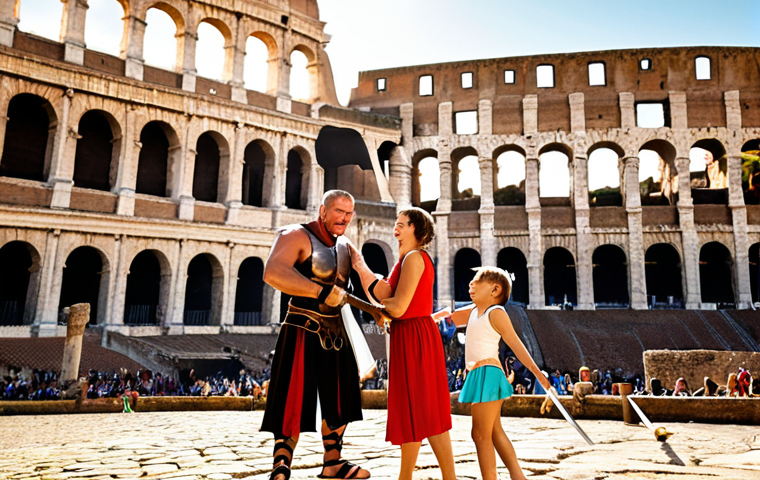 **Image Prompt:** A vibrant, sun-drenched scene of a family (parents and two kids) participating in a gladiator training session in Rome. The kids are laughing as they awkwardly hold swords, while a professional gladiator trainer guides them. In the background, the Colosseum looms majestically. The style should be reminiscent of a travel magazine cover, emphasizing adventure and family fun.