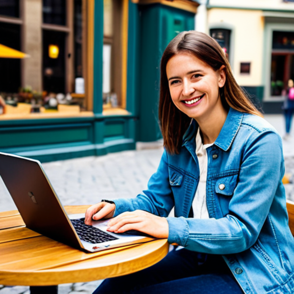 **Subject:** A professional digital nomad, a woman with a friendly smile, wearing a stylish but modest travel outfit (jeans, comfortable blouse, light jacket), sitting at an outdoor cafe table with a laptop and a copy of "Deep Work" by Cal Newport.
**Environment:** A vibrant European city square, cobblestone streets, colorful buildings in the background.
**Details:** Strong depth of field, natural lighting, focus on the woman and the book.
**Quality Modifiers:** high quality, professional photography, perfect anatomy, correct proportions, natural pose, well-formed hands, proper finger count, sharp focus.
**Safety:** safe for work, appropriate content, fully clothed, professional, modest, family-friendly.