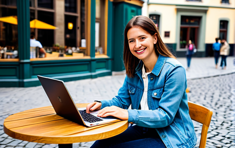 **Subject:** A professional digital nomad, a woman with a friendly smile, wearing a stylish but modest travel outfit (jeans, comfortable blouse, light jacket), sitting at an outdoor cafe table with a laptop and a copy of "Deep Work" by Cal Newport.
    **Environment:** A vibrant European city square, cobblestone streets, colorful buildings in the background.
    **Details:** Strong depth of field, natural lighting, focus on the woman and the book.
    **Quality Modifiers:** high quality, professional photography, perfect anatomy, correct proportions, natural pose, well-formed hands, proper finger count, sharp focus.
    **Safety:** safe for work, appropriate content, fully clothed, professional, modest, family-friendly.
