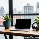 Home 21 디지털 노마드를 위한 효과적인 목표 설정 방법 - A serene digital nomad workspace setup inside a cozy, sunlit café overlooking a vibrant cityscape, f...