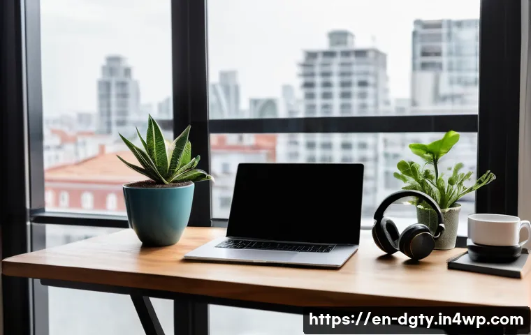 디지털 노마드를 위한 효과적인 목표 설정 방법 - A serene digital nomad workspace setup inside a cozy, sunlit café overlooking a vibrant cityscape, f...