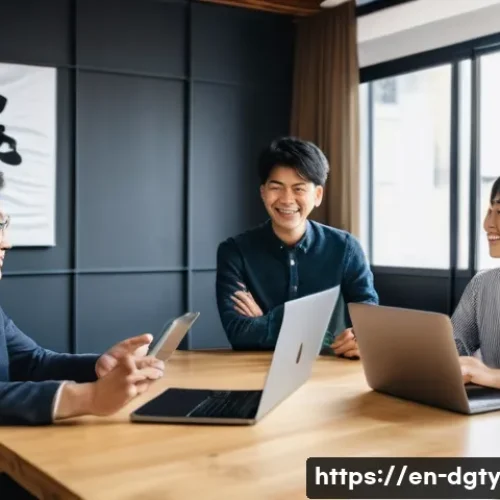 Home 32 디지털 노마드가 일하면서 만나는 문화적 차이 - A professional digital nomad team meeting in a modern coworking space, featuring diverse individuals...