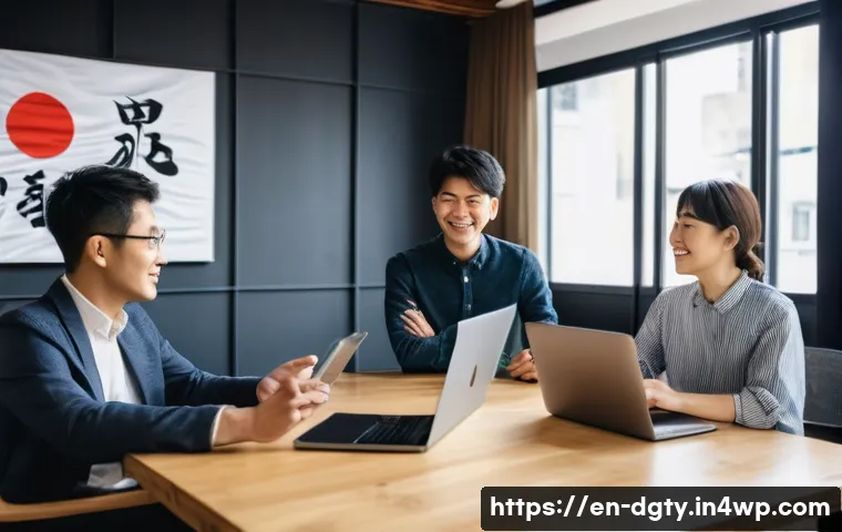 디지털 노마드가 일하면서 만나는 문화적 차이 - A professional digital nomad team meeting in a modern coworking space, featuring diverse individuals...