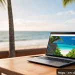 Home 19 디지털 노마드의 직업적 성장 기회 - A digital nomad workspace setup on a tropical beach during golden hour, featuring a lightweight fold...