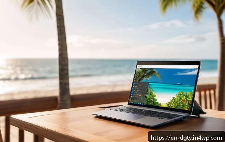 디지털 노마드의 직업적 성장 기회 - A digital nomad workspace setup on a tropical beach during golden hour, featuring a lightweight fold...