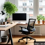 Home 18 디지털 노마드가 되기 위한 경력 개발 팁 - A modern remote work setup in a bright, cozy home office with large windows letting in natural light...