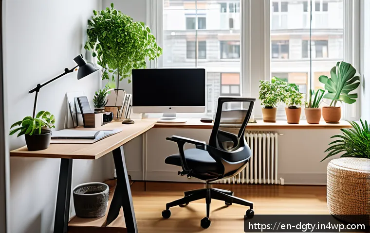 디지털 노마드가 되기 위한 경력 개발 팁 - A modern remote work setup in a bright, cozy home office with large windows letting in natural light...