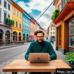 Home 23 디지털 노마드가 선호하는 직종과 산업 - A digital nomad graphic designer working remotely at a cozy café in a vibrant European city street, ...