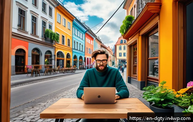디지털 노마드가 선호하는 직종과 산업 - A digital nomad graphic designer working remotely at a cozy café in a vibrant European city street, ...