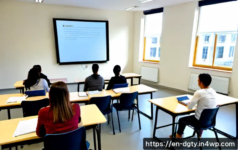 디지털 노마드를 위한 공식적인 교육 프로그램 - Photorealistic modern continuing-education classroom for digital nomads, diverse adult learners seat...
