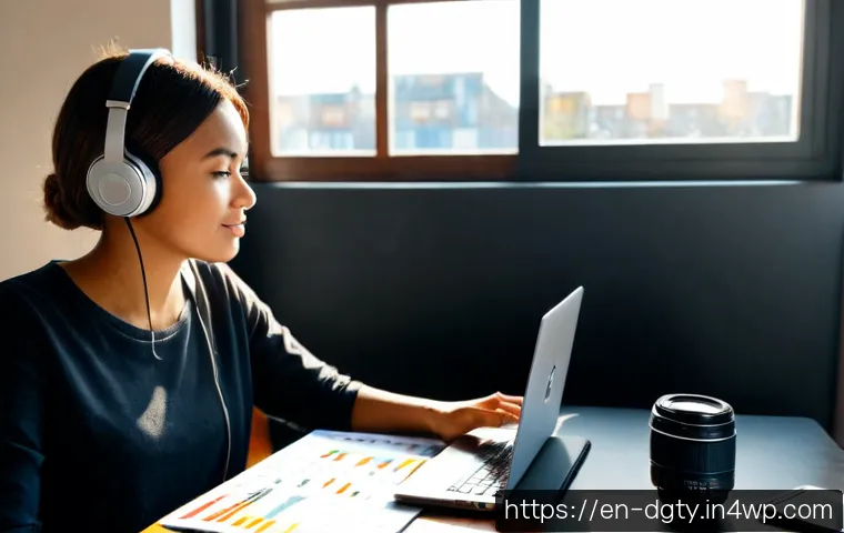 Home 17 디지털 노마드의 다양한 수입원 - Photorealistic home workspace showing a diverse young digital nomad woman seated at a sunlit desk, l...
